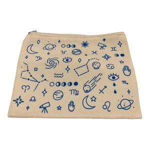 White cosmetic bag blue detailing zipper closure